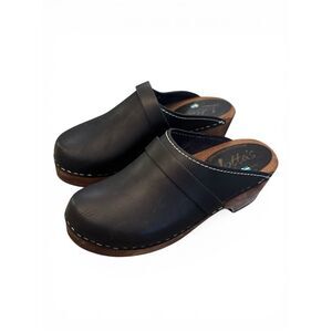 LOTTA From Stockholm Black Leather Clogs Swedish Wood Sole Slip On